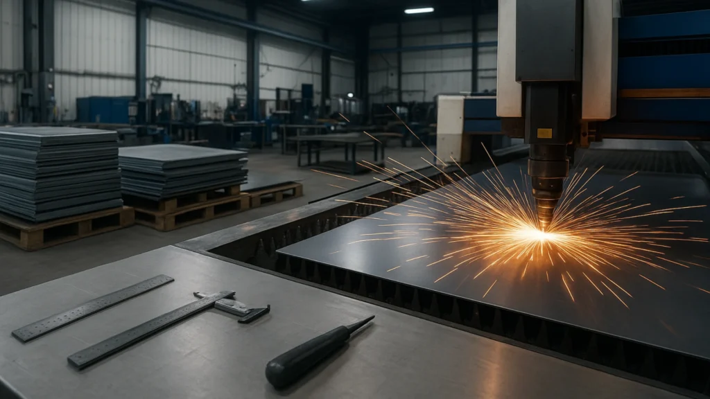 Modern metal fabrication workshop with laser cutting, steel and aluminum sheets, and precision tools.