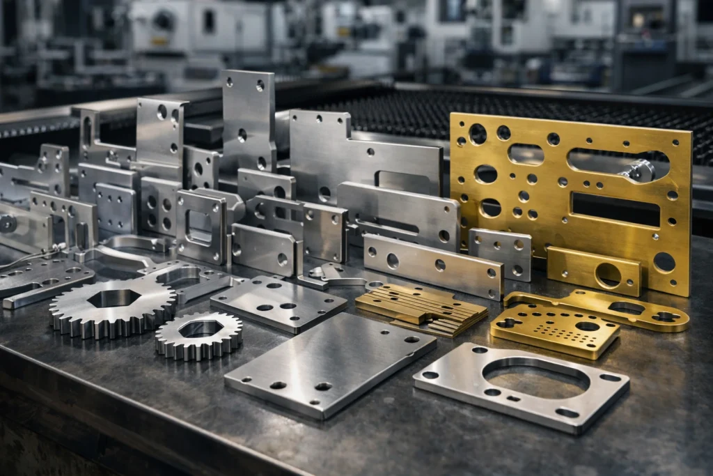 Precision metal parts cut using flat laser cutting showing clean edges and accuracy