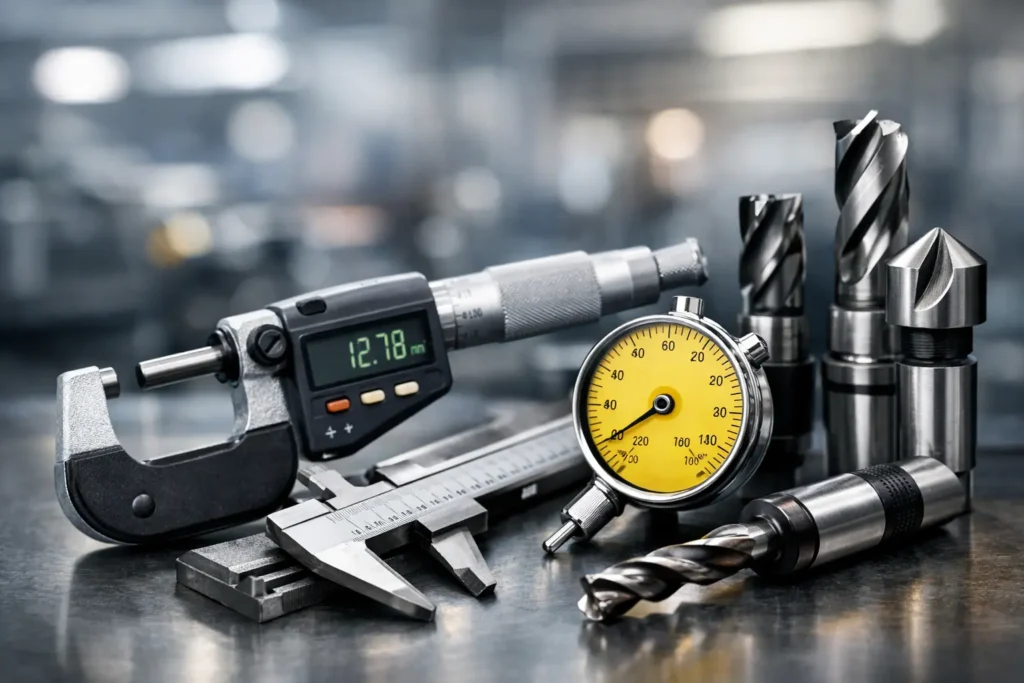 Close-up of precision measuring and cutting precision tools on a metallic surface, featuring a digital micrometer reading 12.78 mm, a stainless steel caliper, a yellow-dialed indicator, and cobalt-coated drill bits, with a blurred industrial workshop background, highlighting accuracy and detail.