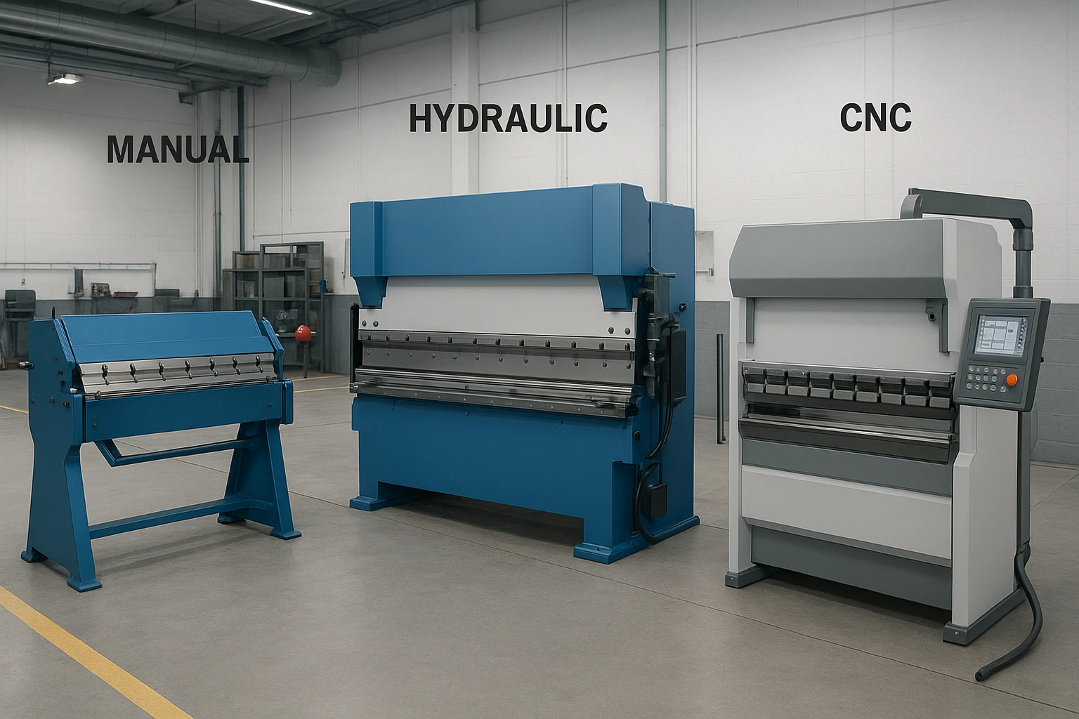 Sheet metal bending brake machine performing precise metal forming in an industrial workshop