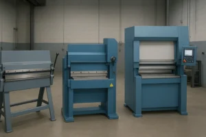 Side by side comparison of manual, hydraulic, and CNC machines using a sheet metal brake in a professional fabrication workshop