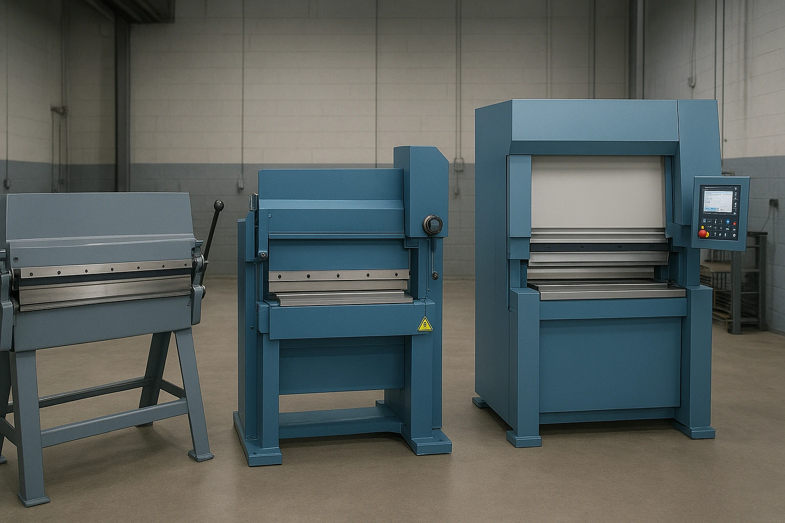 Side by side comparison of manual, hydraulic, and CNC machines using a sheet metal brake in a professional fabrication workshop
