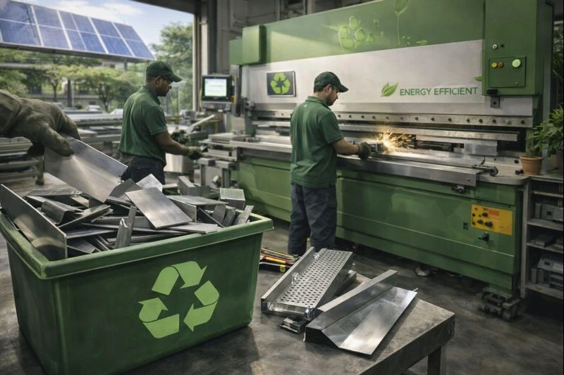 Workers operate energy-efficient machinery to cut and form metal parts in a sustainable factory, illustrating sheet metal custom fabrication with recycled materials, precision equipment, and solar-powered manufacturing practices.