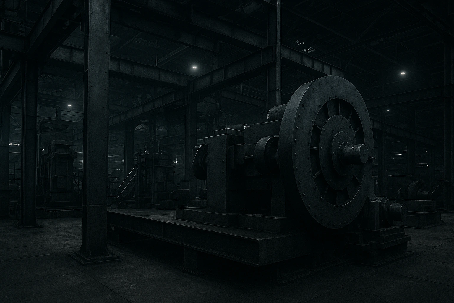 Industrial workshop scene featuring heavy machinery, steel beams, and large structural components made from carbon steel, highlighting material differences for a stainless vs carbon steel comparison.