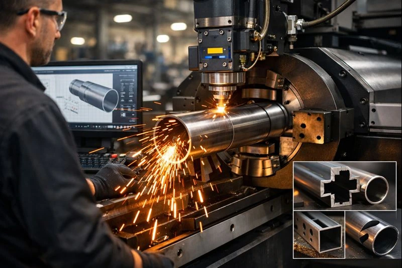 High-precision tube laser cutting process with a CNC machine cutting a rotating metal tube, focused laser beam, intricate cuts, and operator monitoring in an industrial workshop.