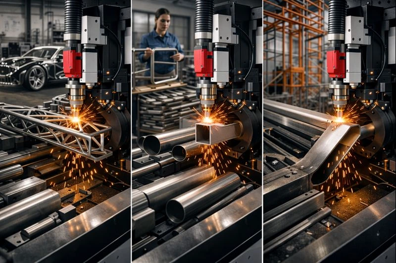 High-tech tube laser cutting machine with automated handling system cutting square and round metal tubes in an industrial environment.