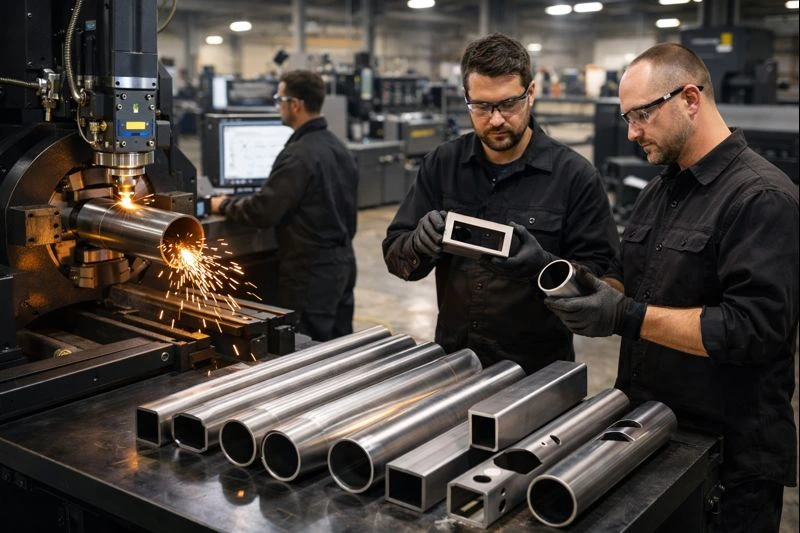 Professional tube laser cutting services in Toledo, Ohio, with experienced technicians operating CNC machines and inspecting precision-cut metal tubes in a modern fabrication facility.