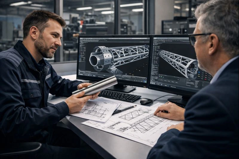 Engineer consulting with a client while reviewing CAD designs for custom tube laser cutting services in a professional industrial office.