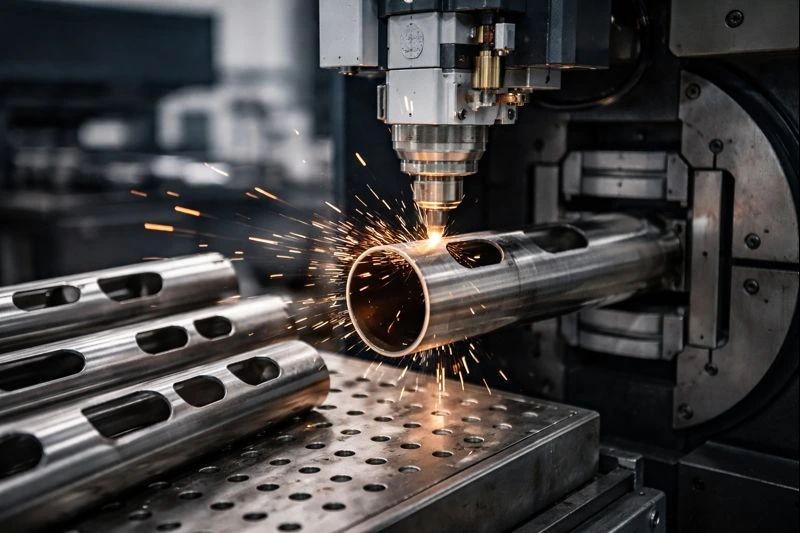 Tube laser cutting in action on metal tubes, producing precise cuts with sparks in a high-tech industrial workshop, part of professional metal fabrication services.