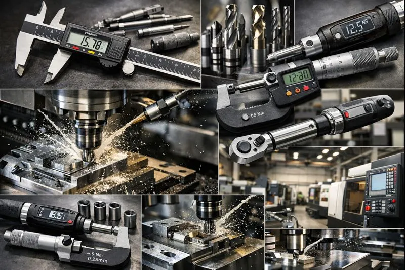 Precision engineering tools such as calipers, micrometers, drills, torque wrenches, and CNC machining operations inside a modern industrial workshop.