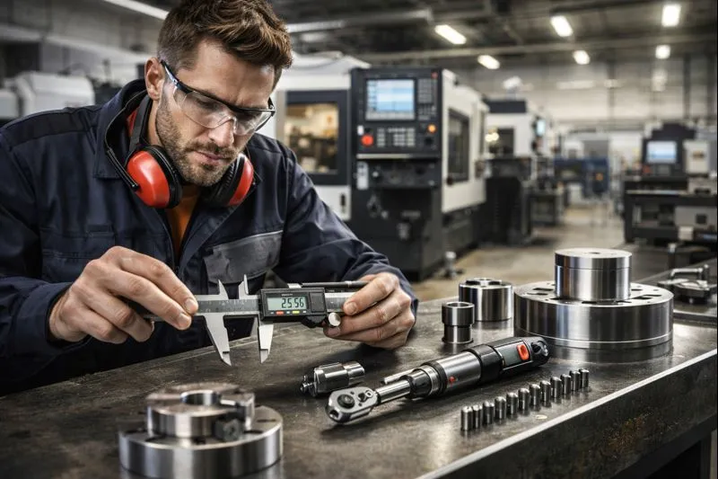 Industrial engineer inspecting metal components with precision measuring tools in a CNC manufacturing environment, ensuring minimal production errors.