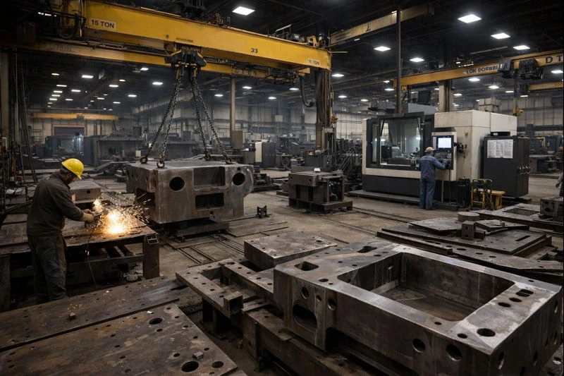 Heavy industrial metal fabrication facility with cranes lifting steel machinery components and workers operating equipment.