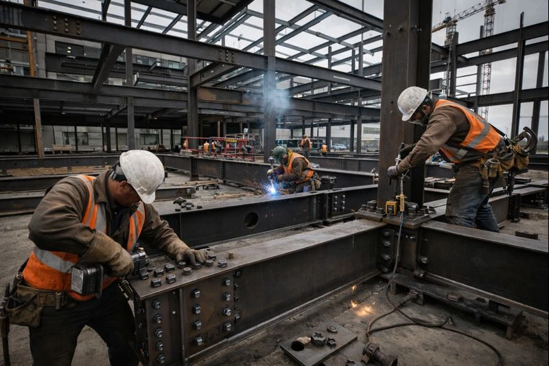 Structural steel fabrication for a commercial building with workers welding and bolting steel beams and columns.