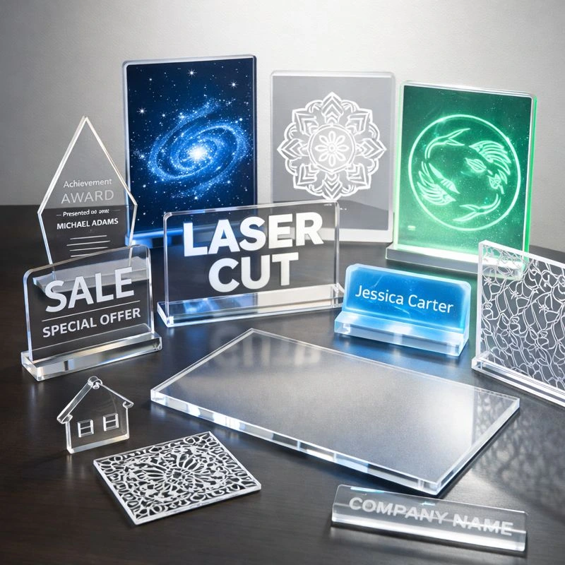 Collection of laser-cut acrylic products including signage, awards, LED panels, and decorative acrylic designs displayed on a table in a bright, modern studio.