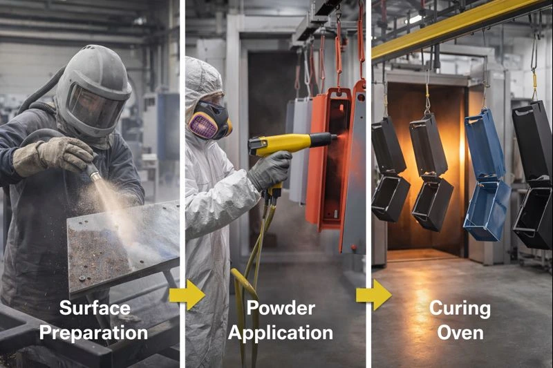 Step by step powder coating service showing surface preparation, powder application, and curing oven with metal parts progressing through each stage in an industrial setting.