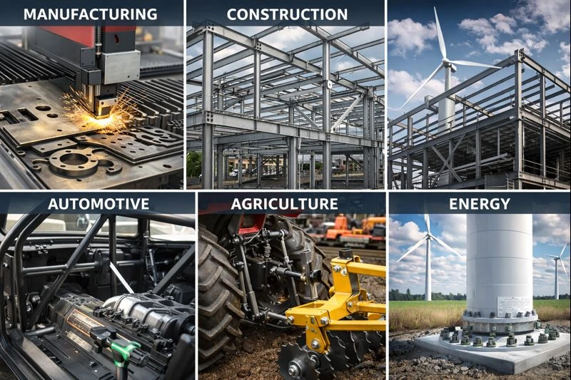 Collage showing metal fabrication applications across manufacturing, construction, automotive, agriculture, and energy industries, highlighting steel structures, machinery, and industrial fabrication processes.