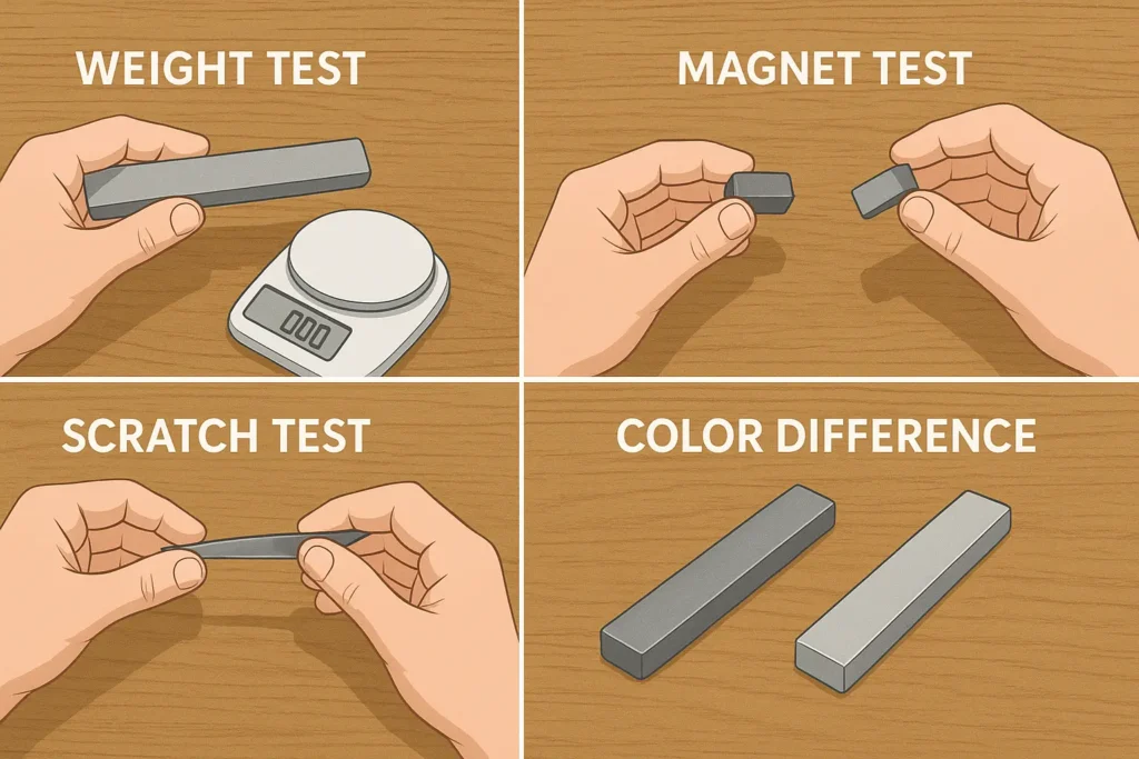 Step-by-step illustration showing how to tell titanium from stainless steel using weight, magnet, scratch, and color tests
