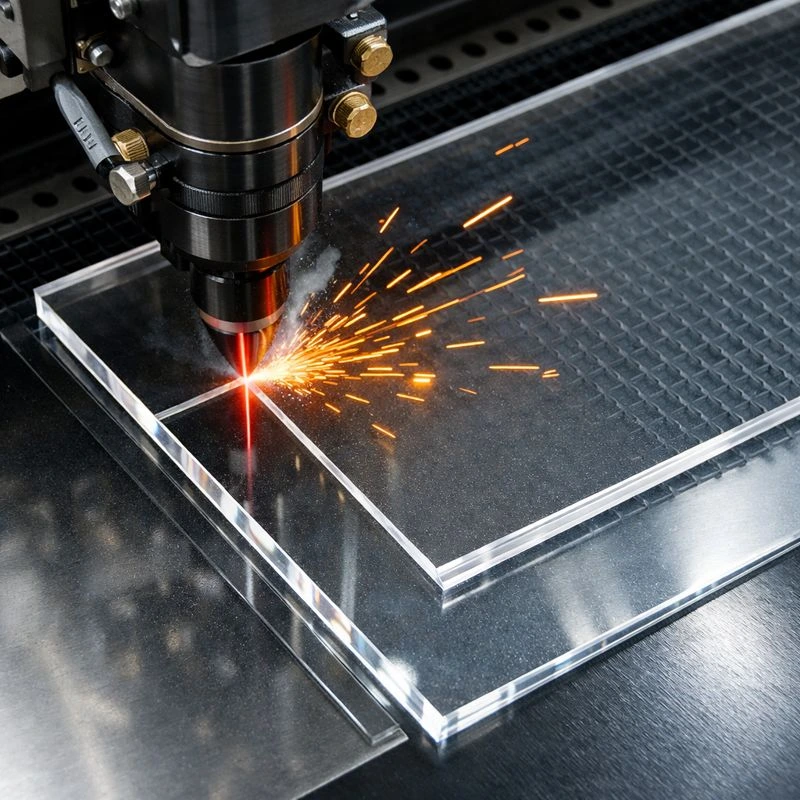 Acrylic laser cutting process showing a CO₂ laser cutting a clear acrylic sheet with visible laser beam, sparks, and smooth polished edges in an industrial setting.