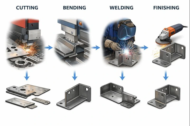 Diagram illustrating the metal fabrication process with stages of cutting, bending, welding, and finishing, showing steel parts transforming step by step in an industrial manufacturing workflow.