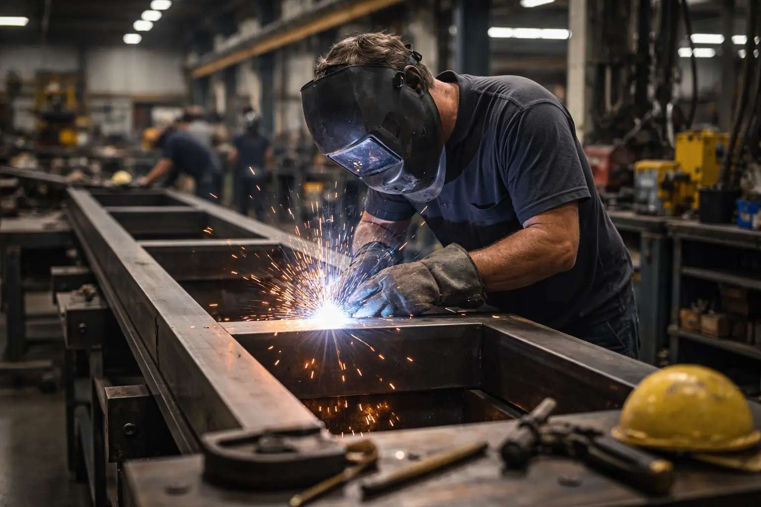 Metal fabrication workshop in Toledo Ohio with welder working on custom steel structure 