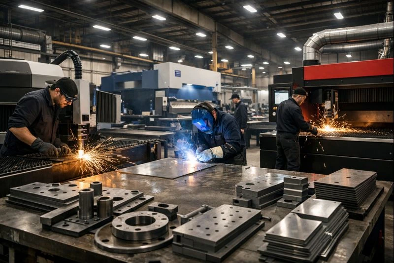 Modern metal fabrication shop with workers operating CNC cutting and welding machines, processing steel parts in an industrial setting.
