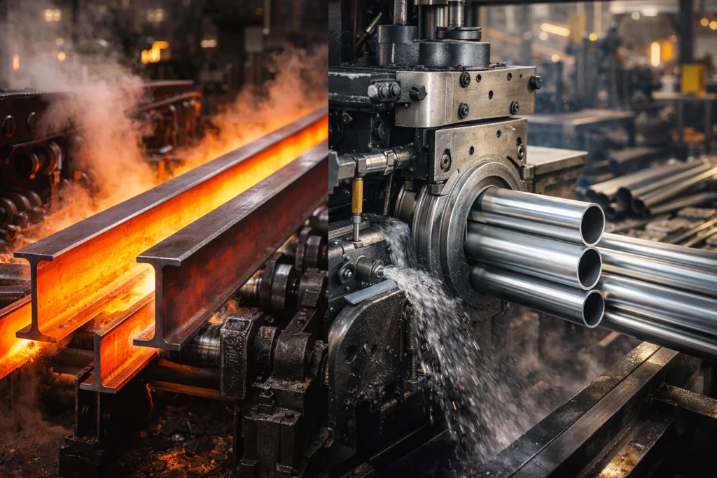 metal shape manufacturing process including rolling and extrusion of shapes of metal