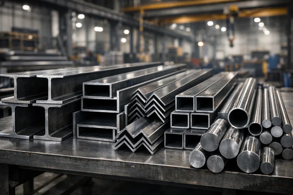 metal shapes used in industrial applications including beams, channels, and tube shapes