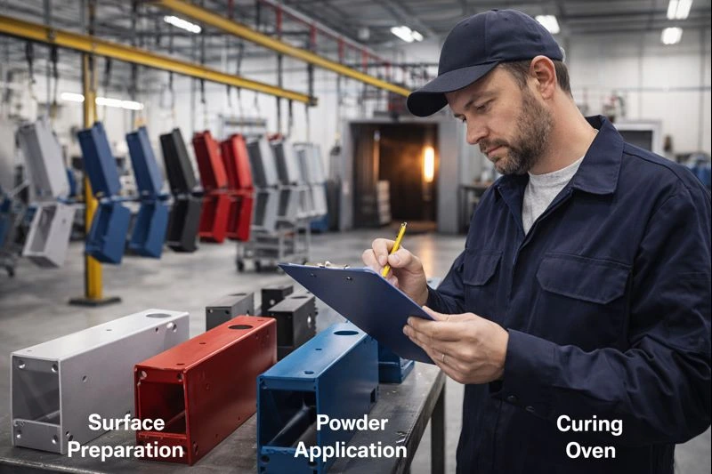 Technician inspecting metal parts and measurements in an organized workshop as part of professional coating services, ensuring quality and precision in every project.
