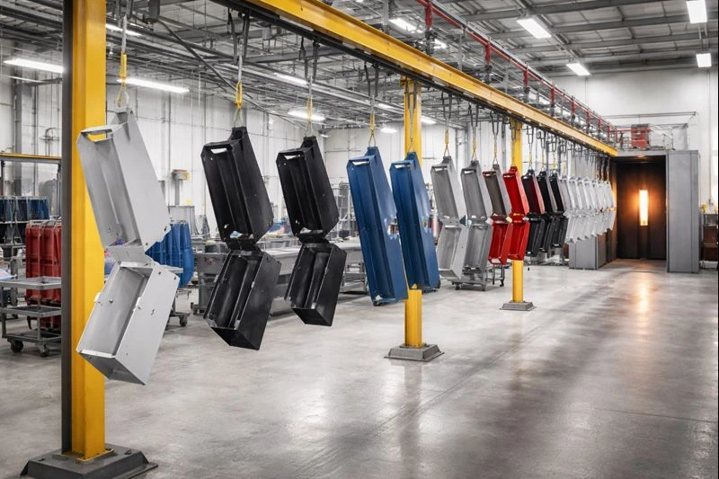 Professional powder coating services in action showing metal parts hanging on a conveyor system, freshly coated with a smooth finish in a clean, organized industrial facility.