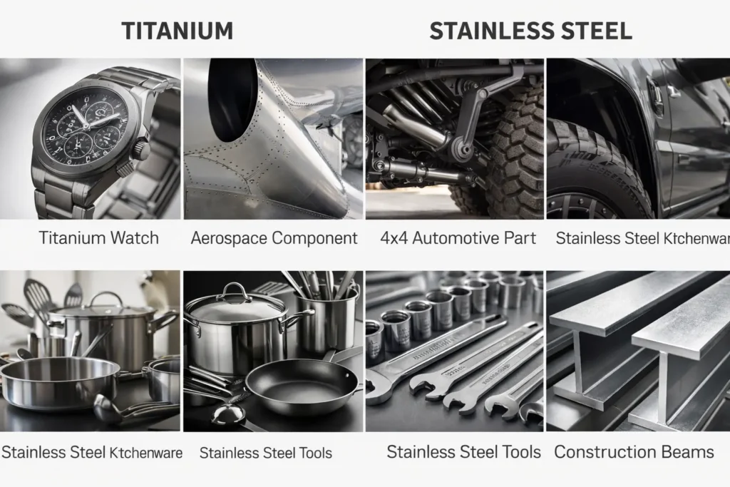 Applications of titanium and stainless steel including watches, aerospace parts, kitchenware, and industrial tools
