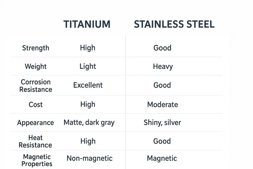 Infographic comparing properties of titanium and stainless steel including strength, weight, corrosion, cost, and appearance