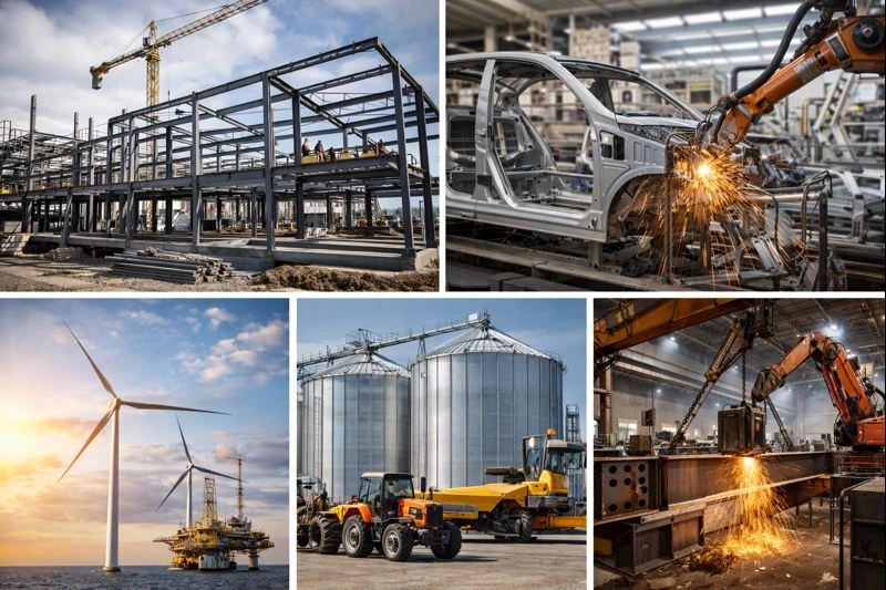 Collage showing metal fabrication applications in construction, automotive, energy, agriculture, and manufacturing industries.