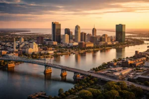 Toledo Ohio skyline showing industrial area along the Maumee River and Lake Erie