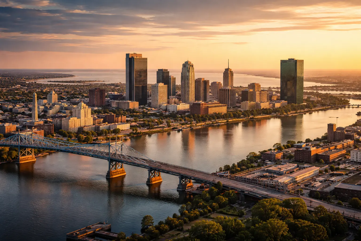Toledo Ohio skyline showing industrial area along the Maumee River and Lake Erie