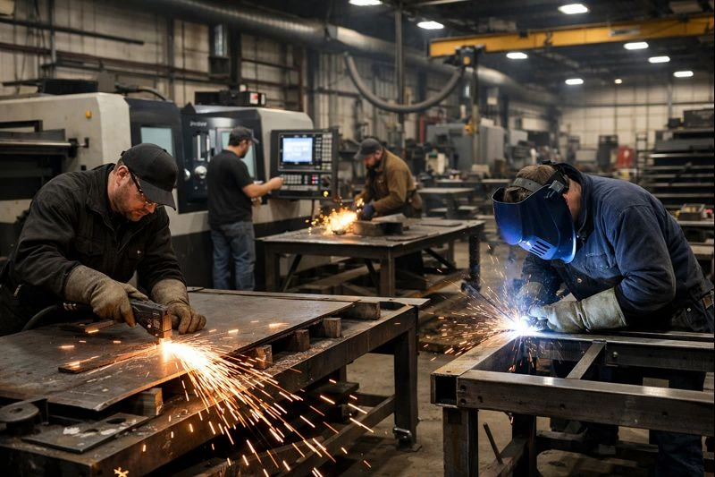 What is metal fabrication shown in a modern workshop with workers cutting, welding steel, and operating CNC machines.